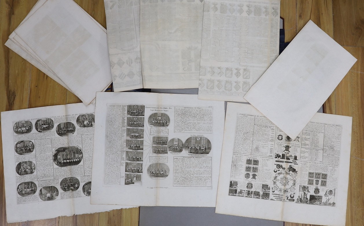 Henry Abraham Chatelain (1684-1743), fifteen engravings, French Genealogies and Regional Governments, largest 45 x 100cm, unframed